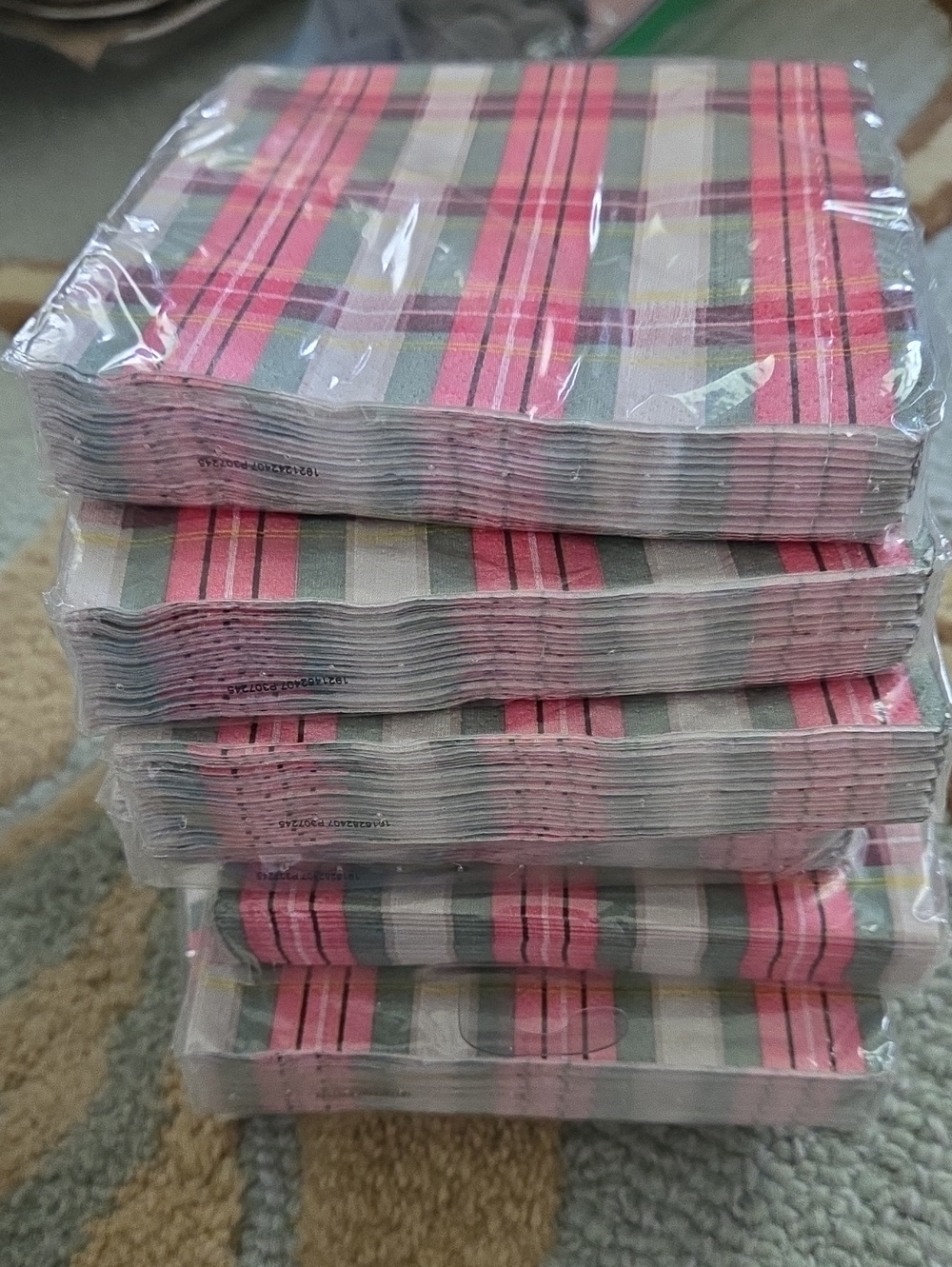 7 Packs Of Pink and Green Plaid Paper Napkins - 20 Per Pack